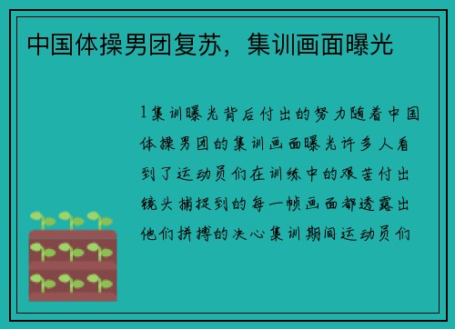 中国体操男团复苏，集训画面曝光